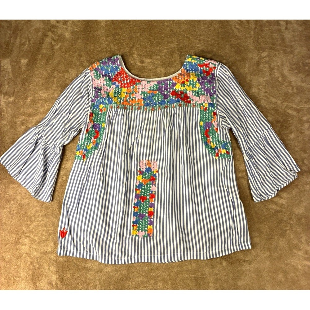 J.marie Womens Top L Blue White Striped Embroidered Floral Bell Sleeves Boho